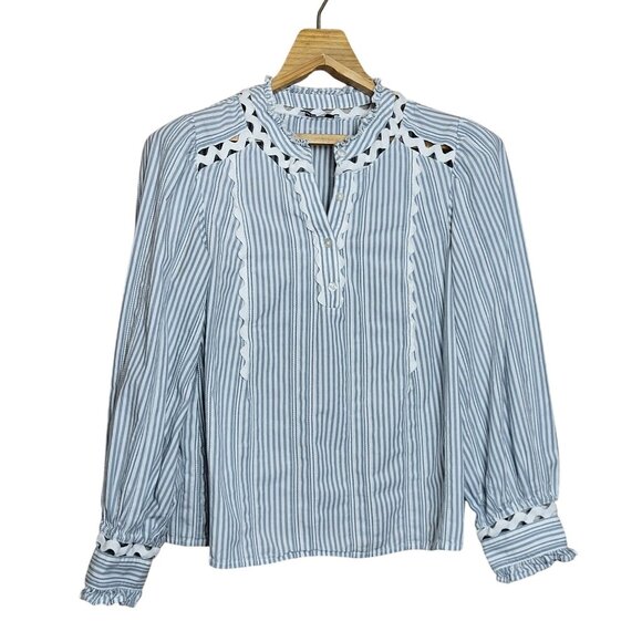 Sam Edelman Vida Stripe Ruffle Scallop Womens Top Medium - Picture 2 of 12